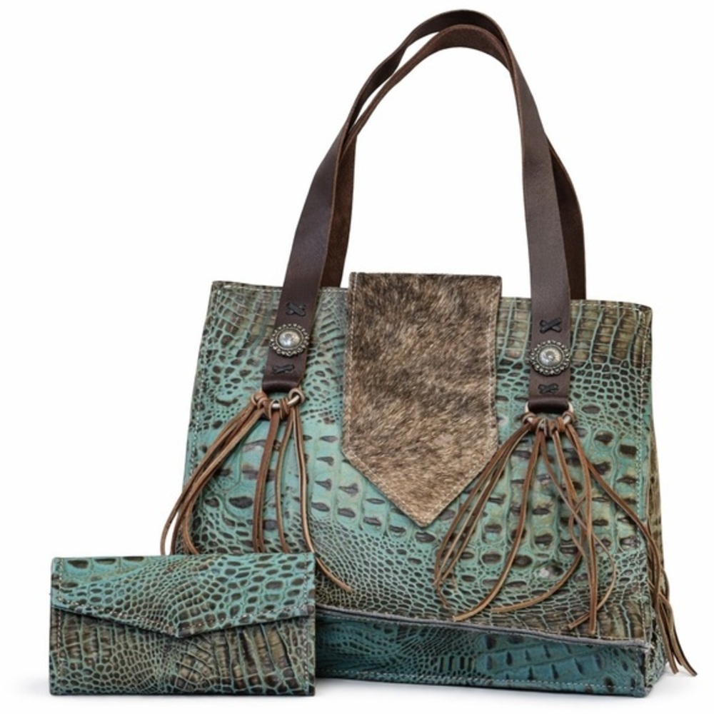 Tooled leather Satchel Tote Purse Crocodile Pattern Wallet Bag Set